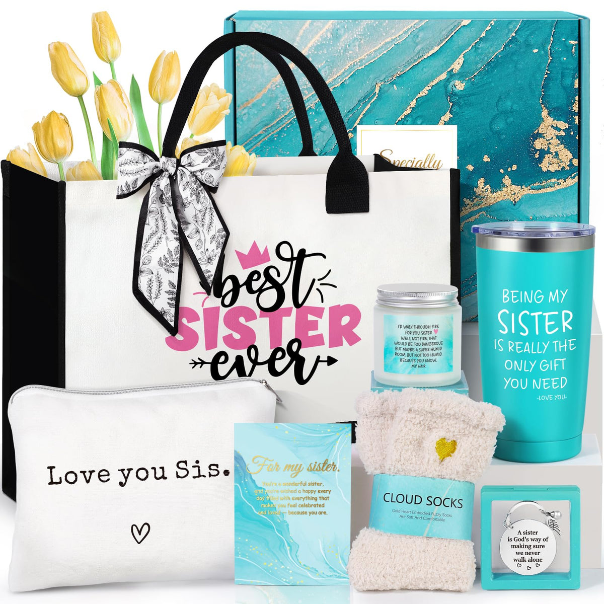 Sisters Gifts from Sister, Birthday Gift, Christmas Mothers Day Gifts for Women, Best Ever Gift Basket with Tote Bag, Cool Love You Box Unique Present Ideas for Sis Adult, Sister in Law Pink