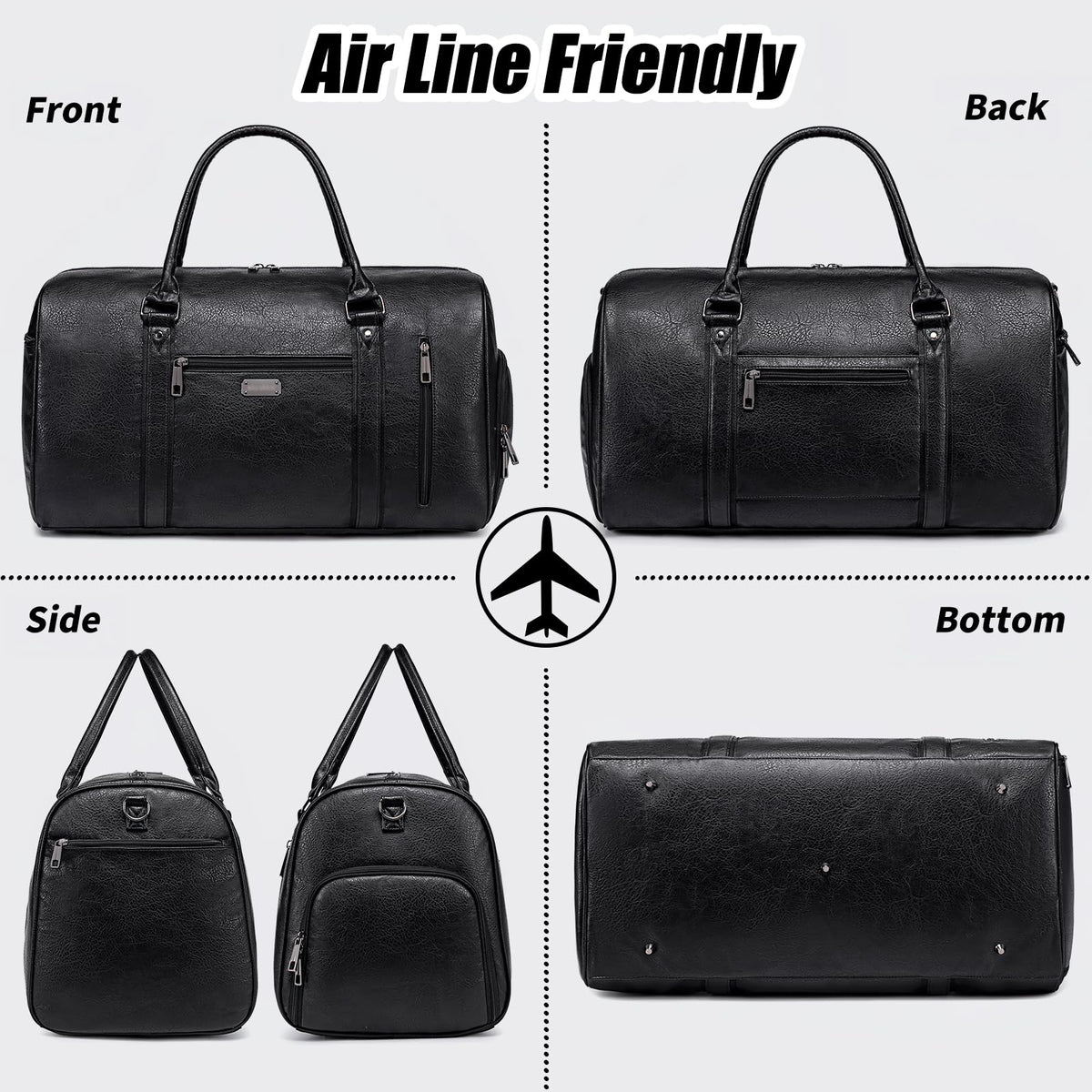 Large Travel Duffel Bag for Women Men, Faux Leather Weekender Overnight Bag with Shoe Compartment, Waterproof Carry On Bag with Toiletry Bag, Travel Tote Bag Gym Bag (Black)