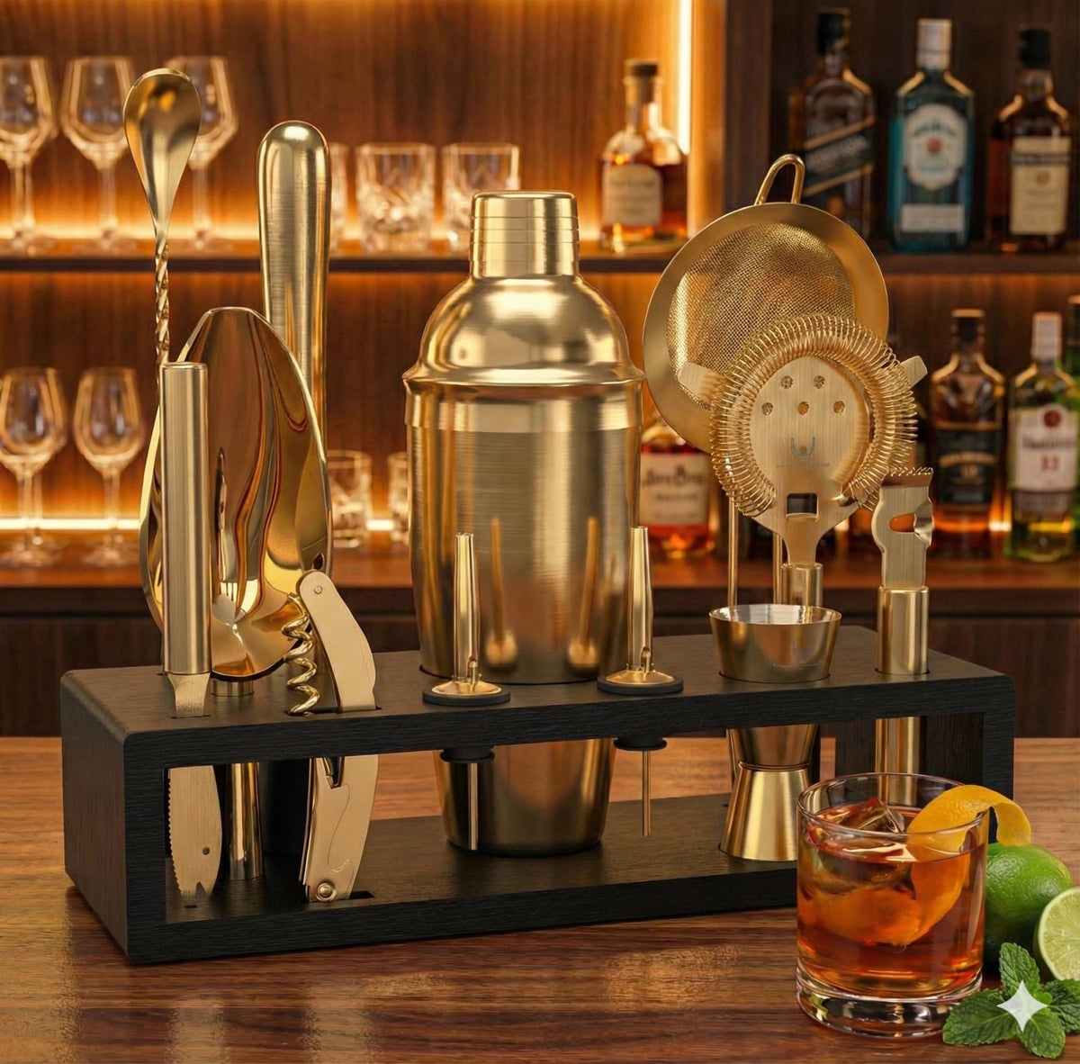 Highball & Chaser Bartender Kit with Espresso Bamboo Stand. Beautiful Cobbler Cocktail Shaker Set with Bar Tools Rustproof Stainless Steel Bar Set (Matte Gold)