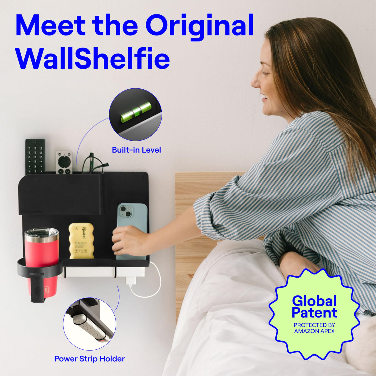 WallShelfie Bedside Wall Organizer & Dorm Decor - Dorm Room Essential, Floating Bedside Shelf Wall Mount Organizer, Remote Control Holder, Cool Teen Girls Trendy Stuff, Room Organization (Black)