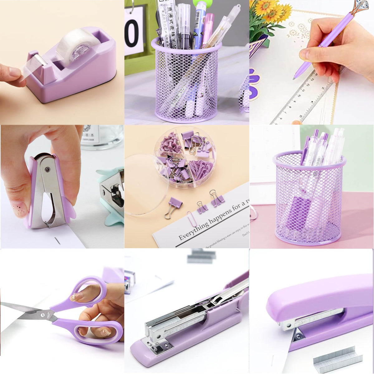 Purple Office Supplies, Purple Desk Accessories, Stapler, Staple Remover, Tape Holder, Pen Holder, Ballpoint Pen, Scissor, Binder Clips, Paper Clips and 1000pcs Staples.