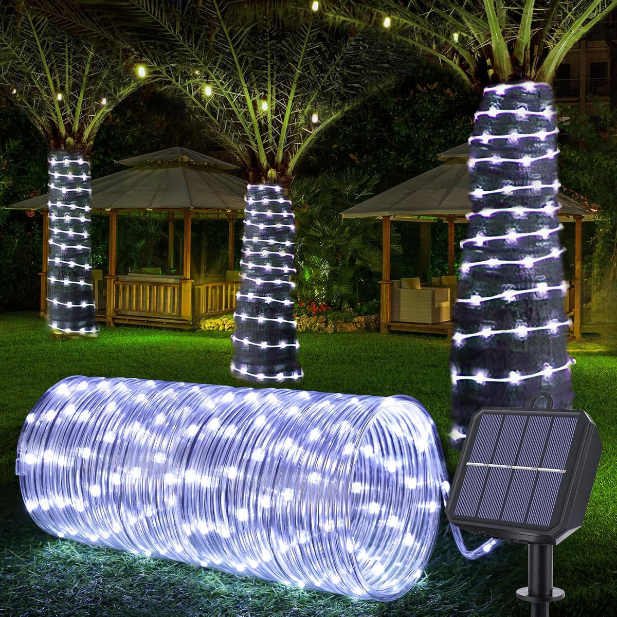 Skiennix Solar String Lights - 66ft 200LED Waterproof Outdoor Lights with 8 Modes | Flexible Clear Tube for Garden, Patio, Deck, and Pool - White