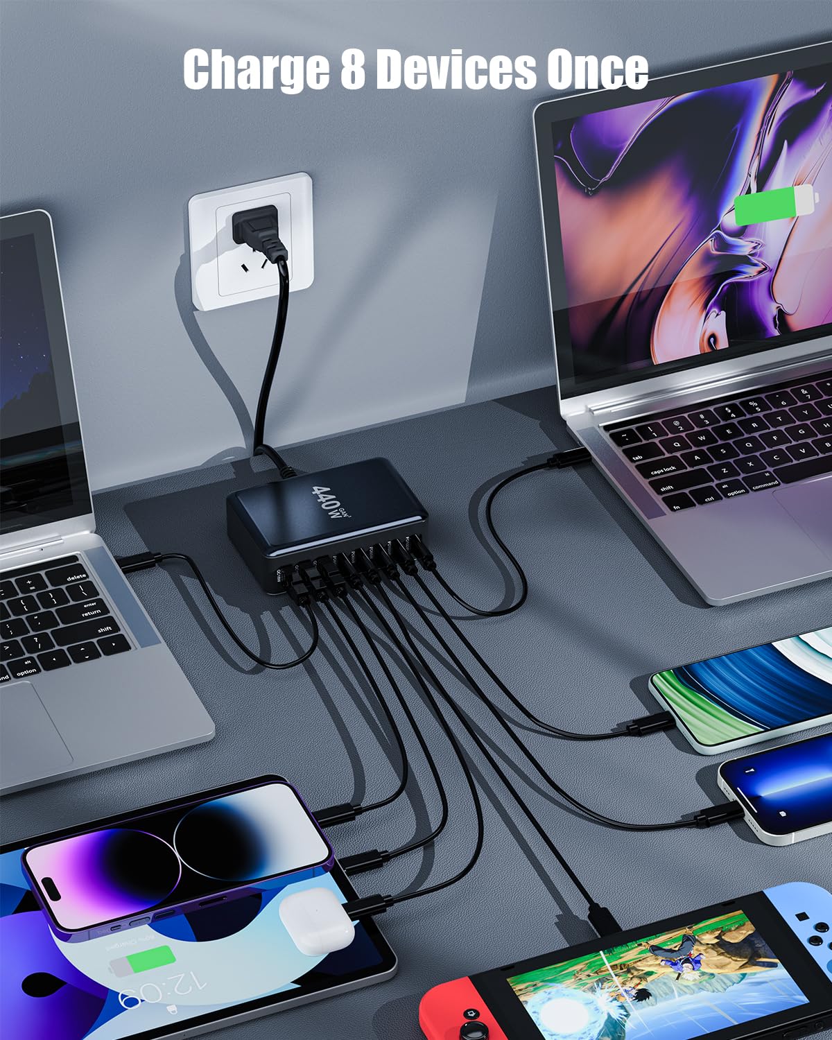 440W USB C Charger Block,8-Port USB C Charging Station GaN IV Travel Essentials Multiple Port Charging Station,65W Laptop Fast Charger Adapter for MacBook Pro/Air,DELL,iPad,iPhone,Samsung Galaxy