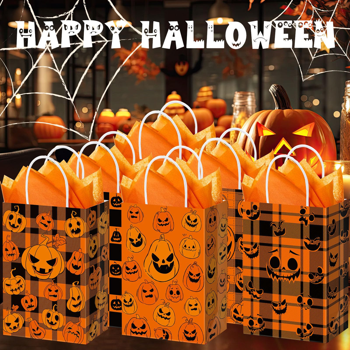 Kolldenn 24 Pcs Halloween Paper Gift Bags with Tissue Paper Pumpkin Goodie Treat Bags with Handles Wrapping Candy Party Favors Bag for Celebration Supplies Decorations