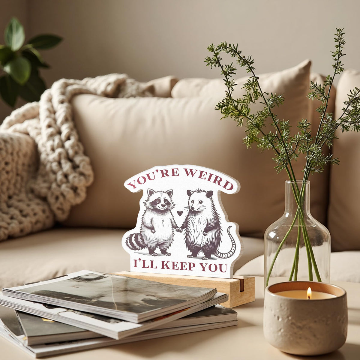 DEQSX You Are Weird I’ll Keep You Humorous Sarcastic Wooden Sign Decor, Cute Funny Raccoon Opossum Meme Shaped Wooden Sign Plaque with Stand for Home Office Desk Table Shelf Decor, Funny Office Gifts