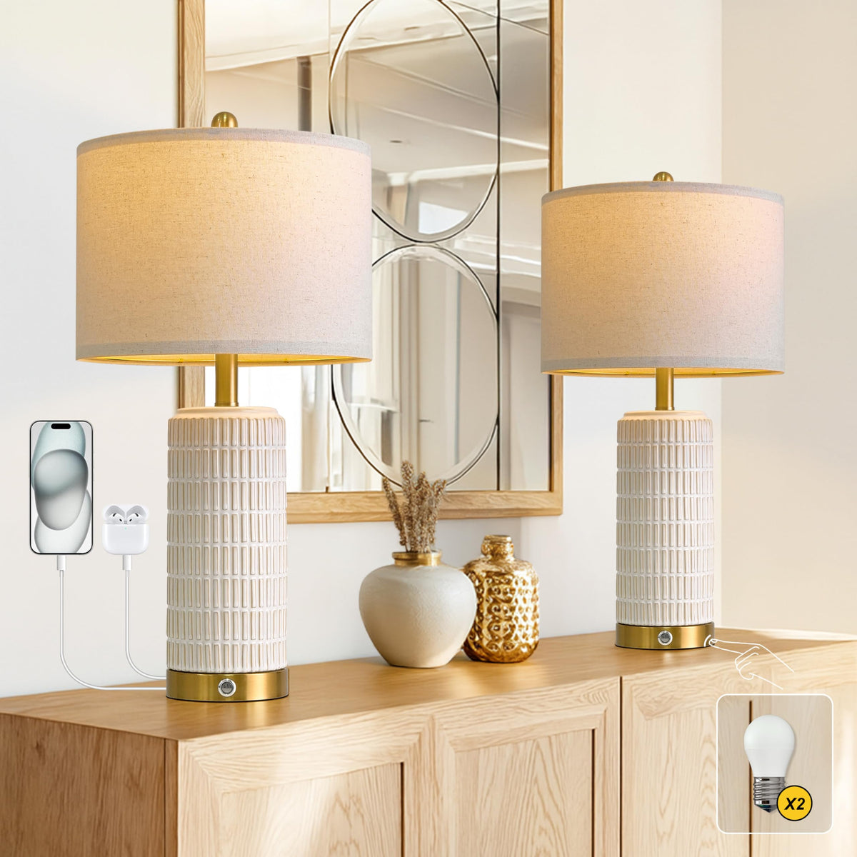 PoKat Touch Bedside Table Lamps with USB Ports for Bedroom Living Room, 25'' Dimmable Nightstand Touch Lamps for Living Room, Modern Ceramic Lamps for Night Stands Bedroom, Office, White and Beige