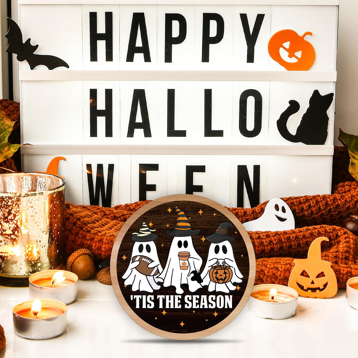 OXRUN Halloween Desk Decorations, Spooky Party Gifts for Women Men Friends, Fall Ghost Decorative Wooden Sign for Home Bedroom Living Room Table Shelf 8 Inches - B08