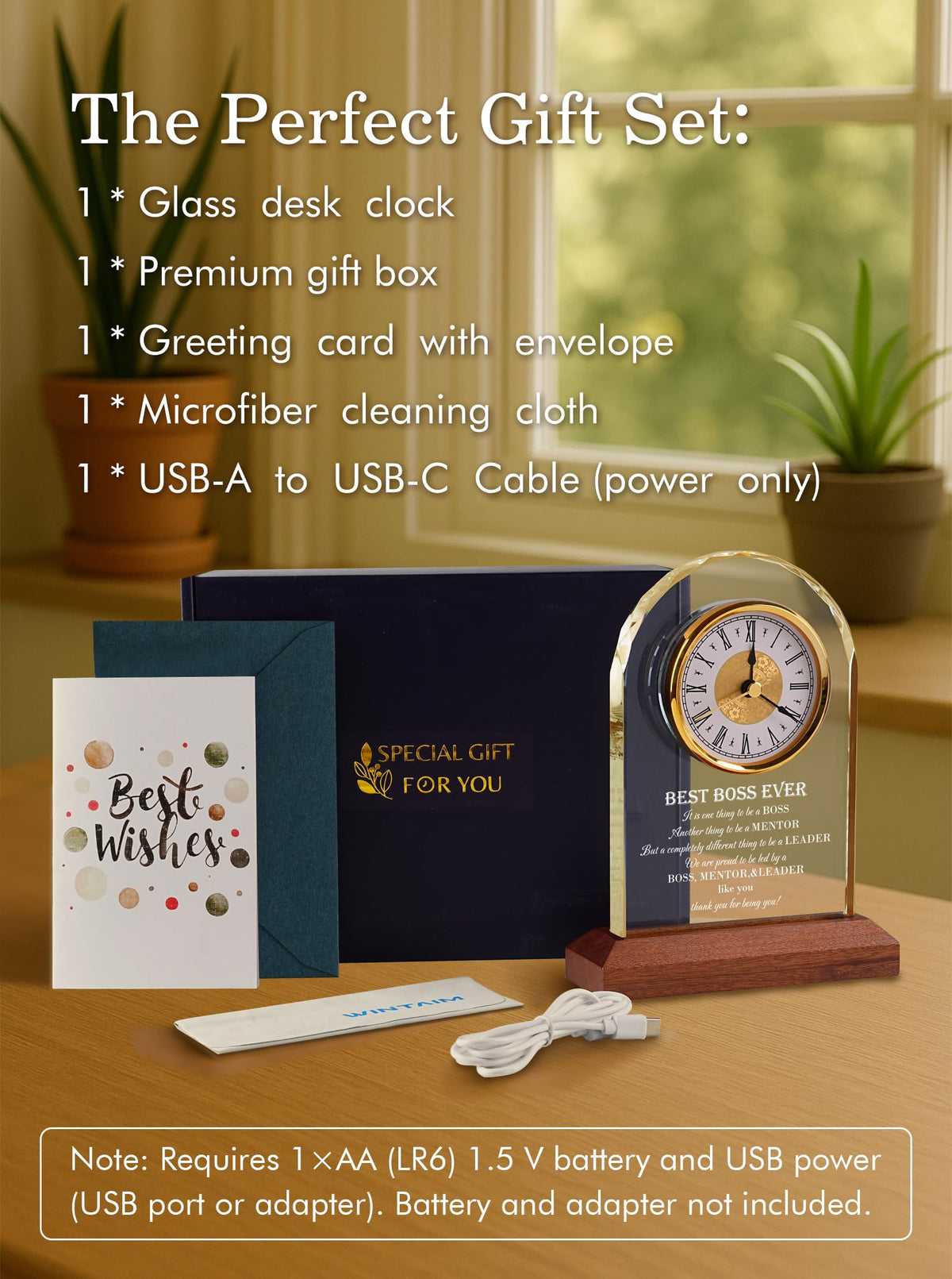 Best Boss Ever Gifts for Men & Women — Glass Desk Clock with Wooden Light Base | Boss Appreciation & Retirement Farewell for Male/Female Boss, Boss’s Day Idea, Office & Home Decor, Card & Gift Box