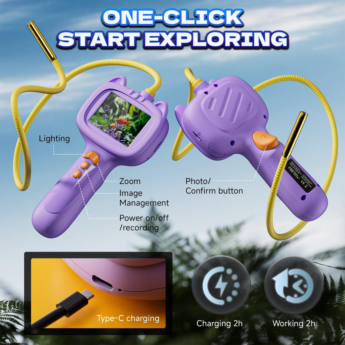 Borescope Snake Camera with Light for Kids，STEM Endoscope Educational Toy Kit，Outdoor Camping Nature Science Exploration Hoilday Birthday Gift for Boys & Girls Ages 3+ Years Old (Purple)