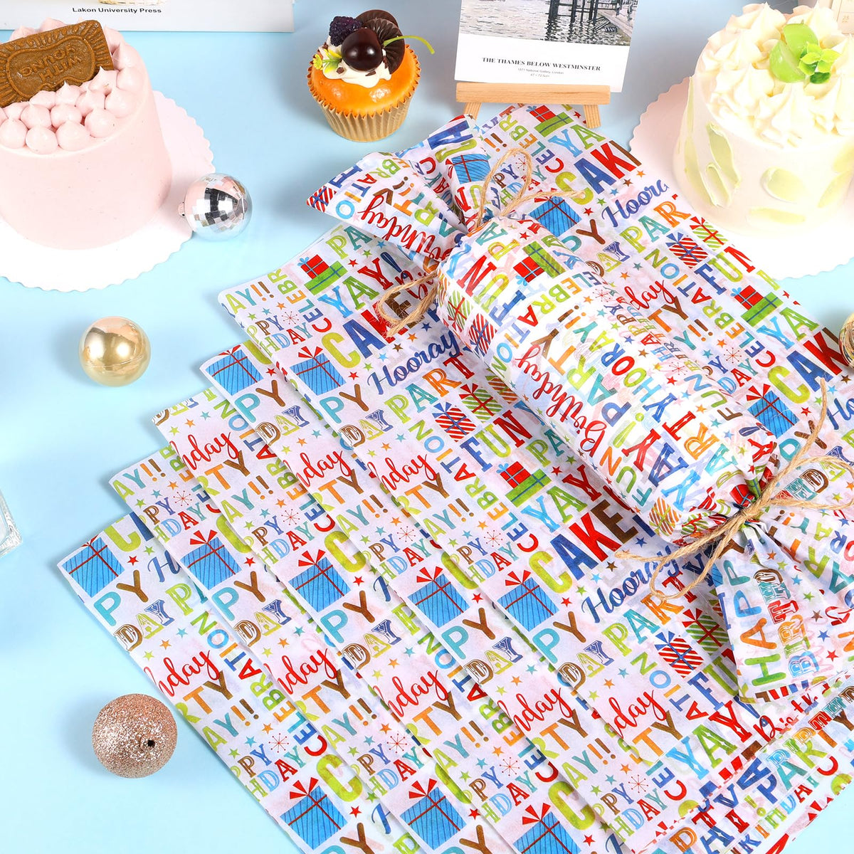 100 Sheets Happy Birthday Tissue Paper, Watercolor Letters Wrapping Paper for Birthday DIY Crafts Christmas Party Supplies, 13.8 x 19.7 Inch