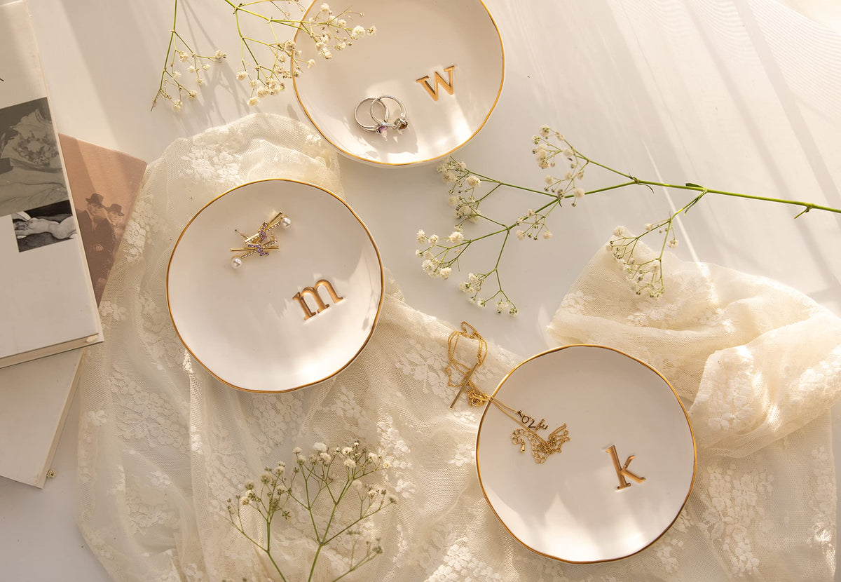 COLLECTIVE HOME - Ceramic Jewelry Tray, Decorative Trinket Dish for Rings Earrings Necklaces Bracelet Watch Keys, Birthday Mother's Day Christmas Gift for Women, 4.75", White Surface (K)
