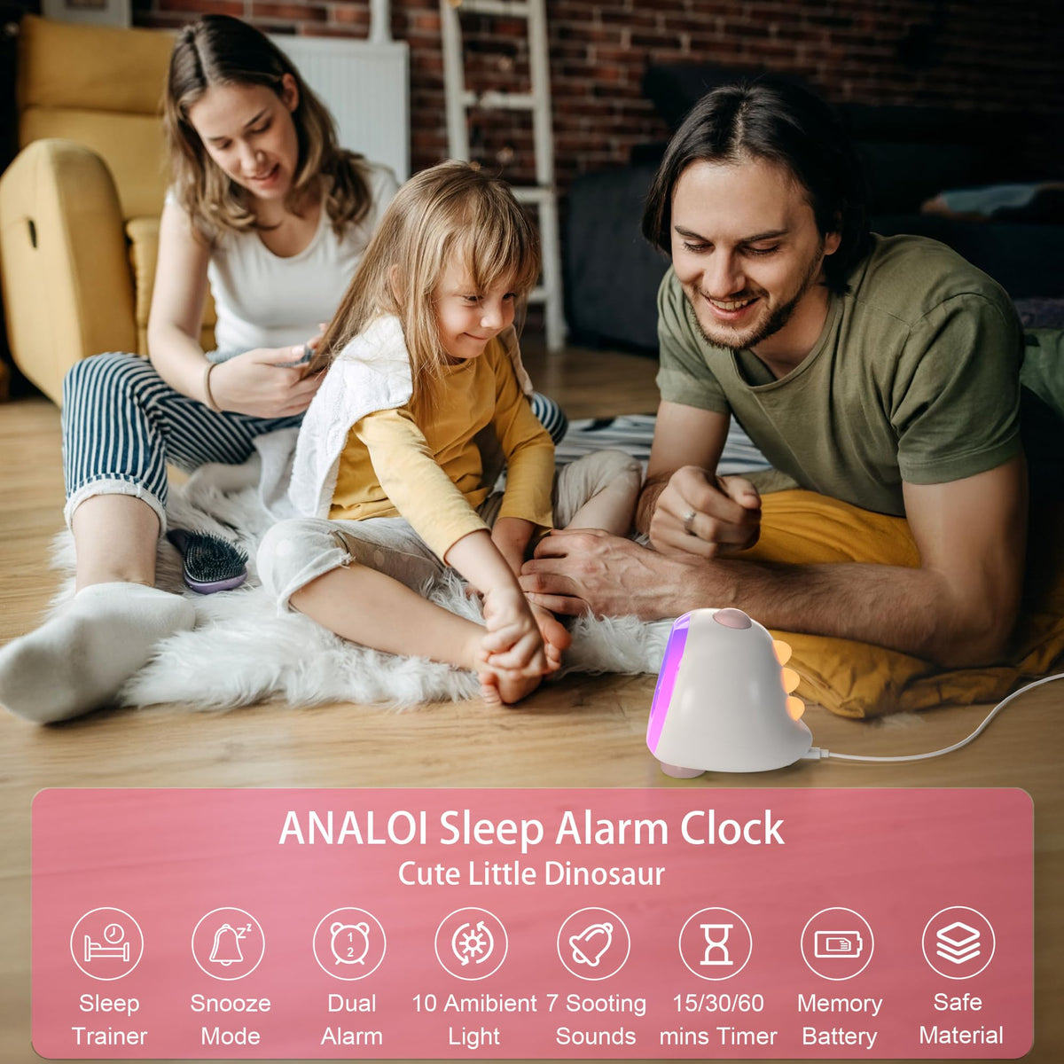 ANALOI Alarm Clock for Kids, Kids Alarm Clock Ok to Wake Cute Night Light for Bedroom, Toddlers Sleep Training Clock Stay in Bed, Dinosaur Birthday Gift for Kids Boys Girls