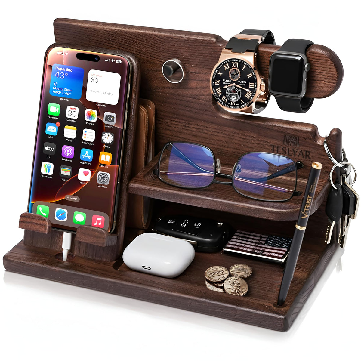 TESLYAR Wood Phone Docking Station for Men - Desk or Nightstand Organizer - Birthday Gifts for Husband, Dad - Anniversary Idea from Wife - Key Holder, Stand Wallet, Watch & Essentials (Bourbon Brown)