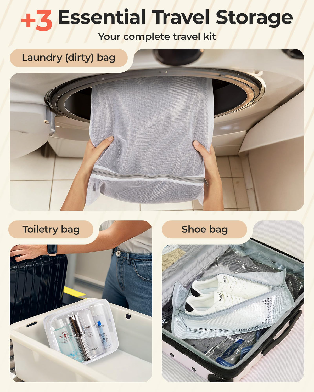 BAGSMART Vacuum Bags for Travel with Rechargeable Air Pump, Portable Space Saver Bags for Travel & Home, Vacuum Compression Seal Bag for Clothing, 18 Pack Pink with Shoe, Laundry & Toiletry Bags