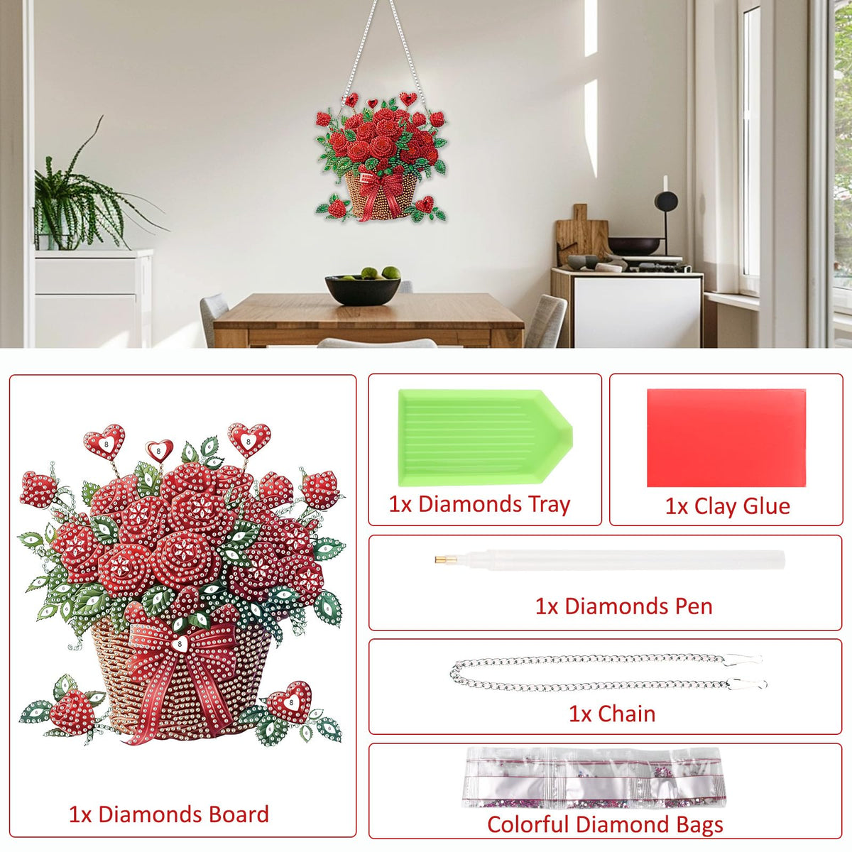 SENQAO Flower Diamond Art Hanging Kits for Adults Kids, Diamond Art Suncatchers Bouquet, 5D Special Shaped Crystal Diamond Painting Kit Valentine's Day, Window Pendant Gem Art Kit for Home Wall Decor