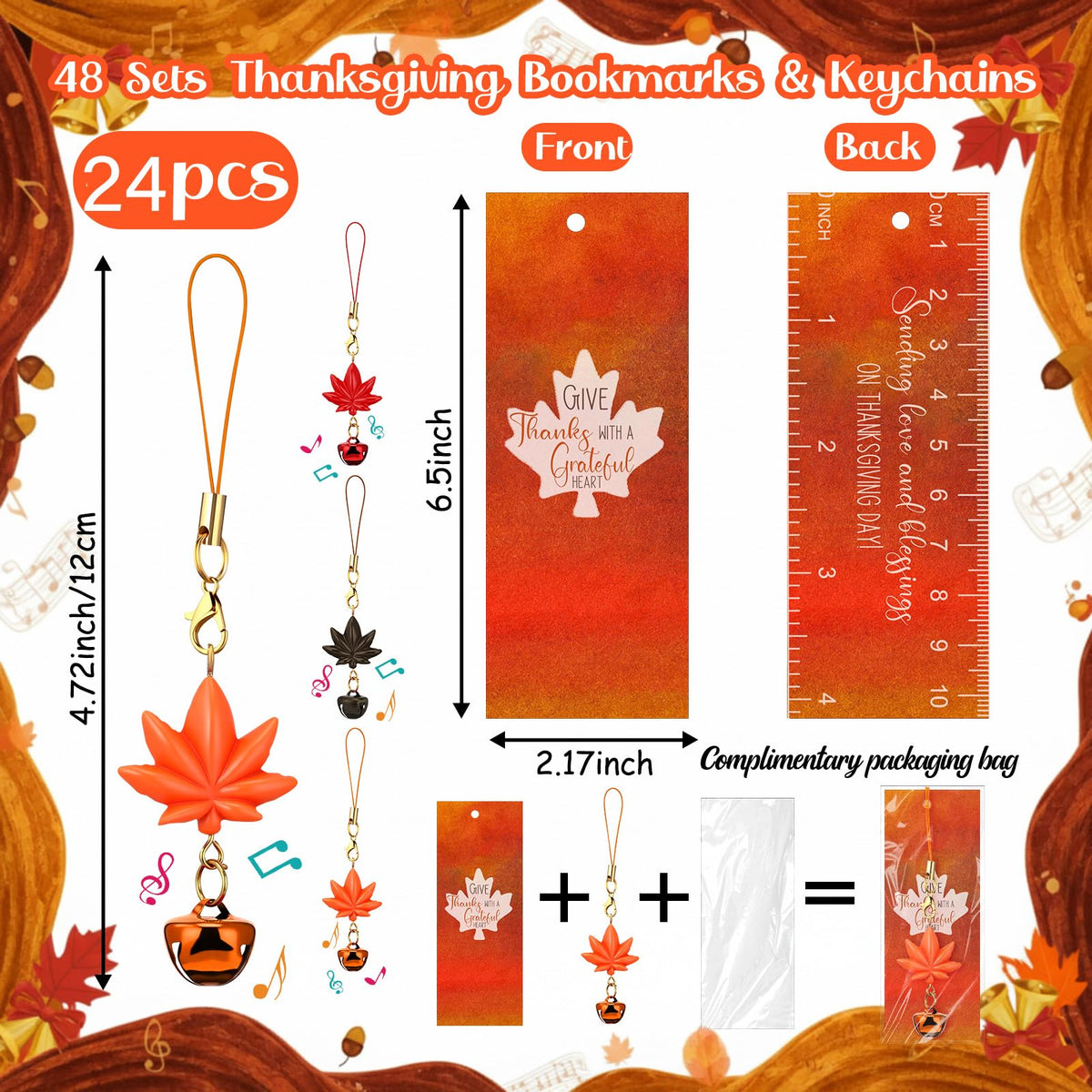 Huquary 24 Set Thanksgiving Bulk Gifts Jingle Bell Maple Keychains with Fall Bookmarks Fall Purse Jingle Bell Charms Leaf Charms Friendsgiving Party Favor Customer for Coworker Church Book Club