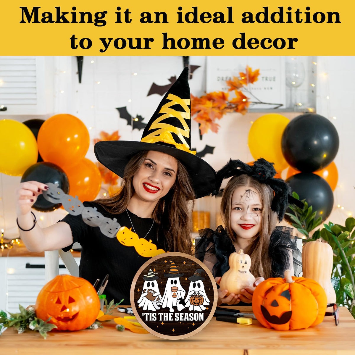 OXRUN Halloween Desk Decorations, Spooky Party Gifts for Women Men Friends, Fall Ghost Decorative Wooden Sign for Home Bedroom Living Room Table Shelf 8 Inches - B08