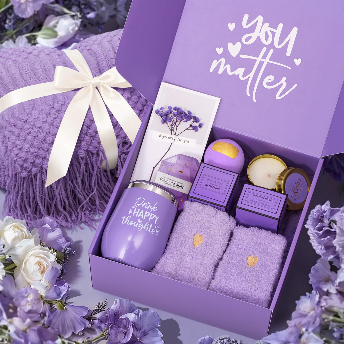 Mothers Day Gifts for Mom Wife Grandma Daughter Sister Friends, Self Care Get Well Gifts, Lavender Relaxing Spa Gift Basket Care Package w/Blanket, Birthday Gifts for Women Her Girlfriend Aunt Teacher