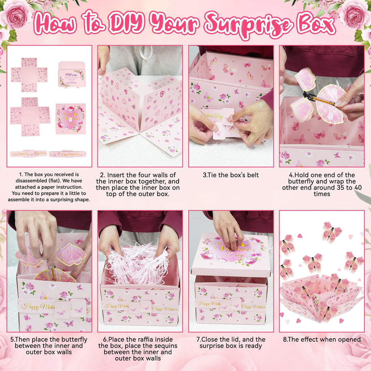 FVNPIHAM Mother'S Day Explosion Gift Box, Surprise Gift Box Explosion with 8pcs Flying Butterfly Surprise Box for Mom, Butterfly Explosion Gift Box for Mothers Day Gifts Wrapping