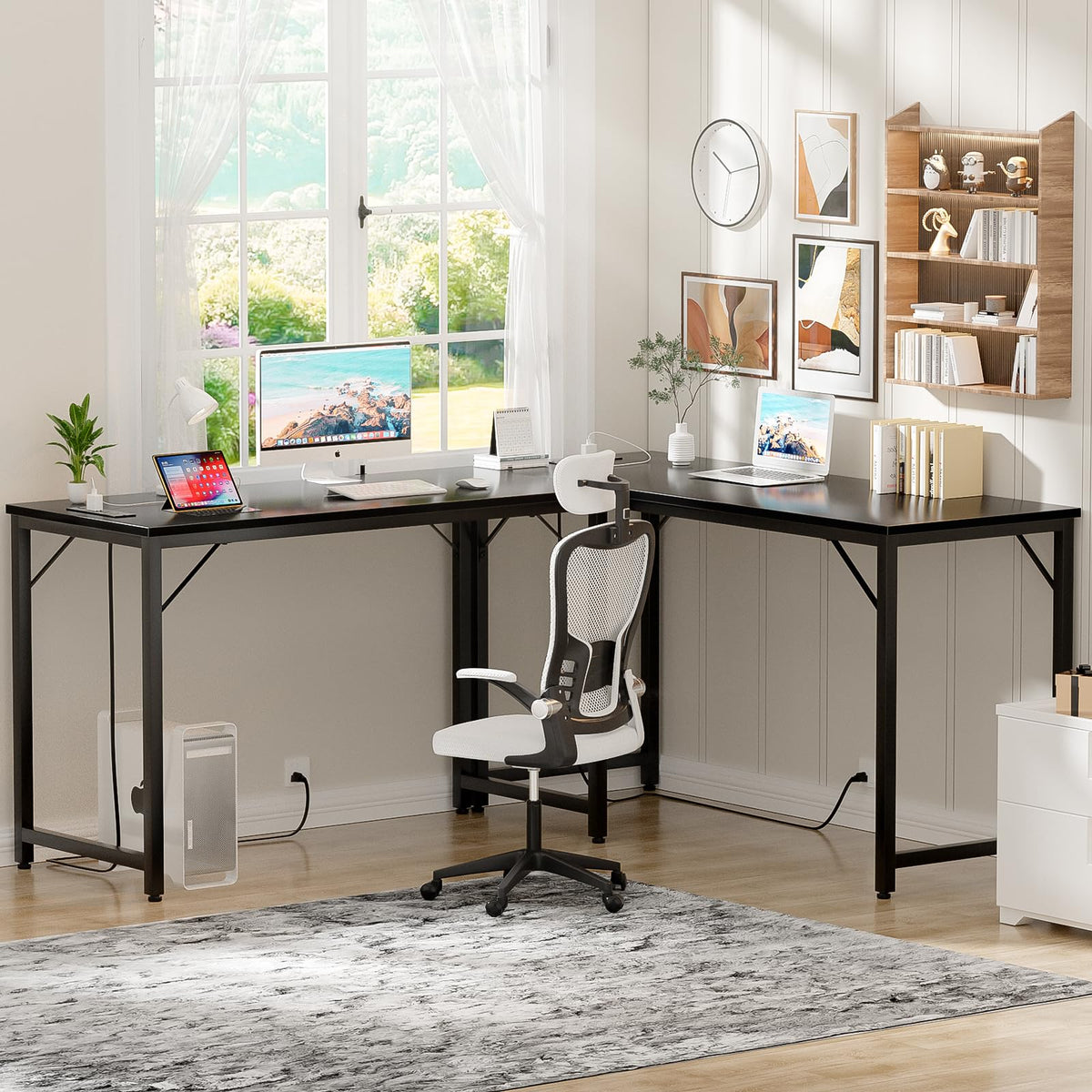 iSunirm 47 Inch Computer Desk with Magic Power Outlets and USB Charging Ports, Modern Home Office Desks, Sturdy Simple Writing Table, Laptop PC Gaming Desk for Bedroom Workstation, Black, 2 Pack