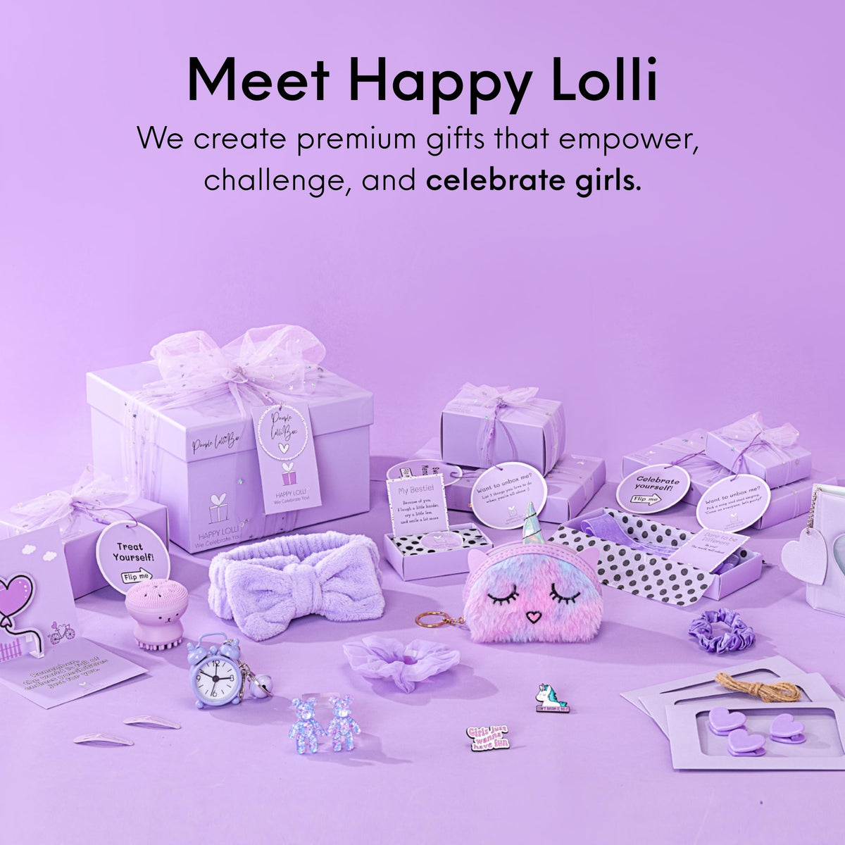 HAPPY LOLLI Purple LolliBox Gift Set for Tween & Teen Girls Ages 8–15, Birthday Gift Box, Ready-to-Gift Surprise Box with 8 Individually Wrapped Gifts & Empowering Challenges
