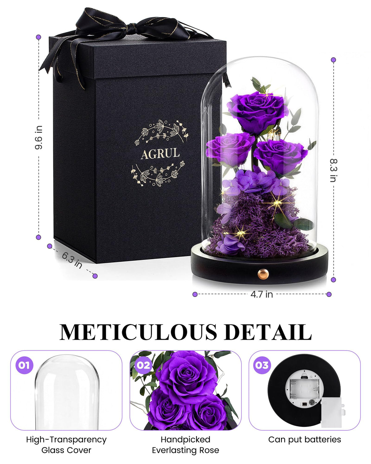 Agrul Mothers Day Flowers Roses Gifts for Mom,Forever Preserved Flower Rose in Glass Dome Fresh Flowers for Delivery Mothers Day Roses Gifts for Wife Women Mom Grandma from Daughter/Purple Rose