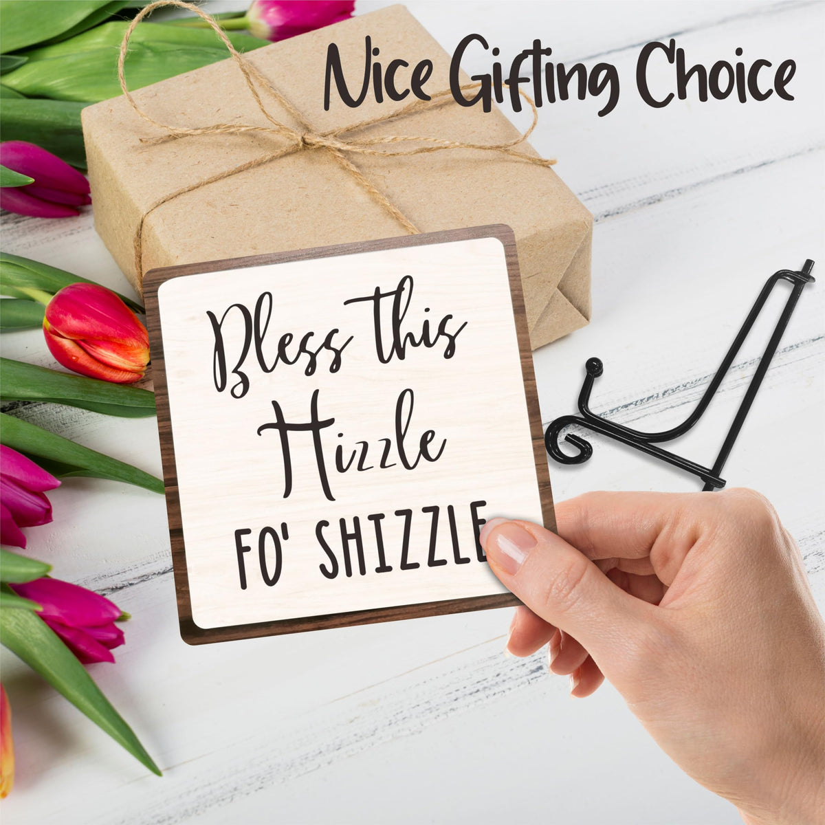 5"X5” Wooden Sign Gift - Bless This Hizzle Fo' Shizzle Wooden Plaque, Motivational Quotes Combined Wood Sign, Desk Decor Home Office Decoration & Gifts - A19