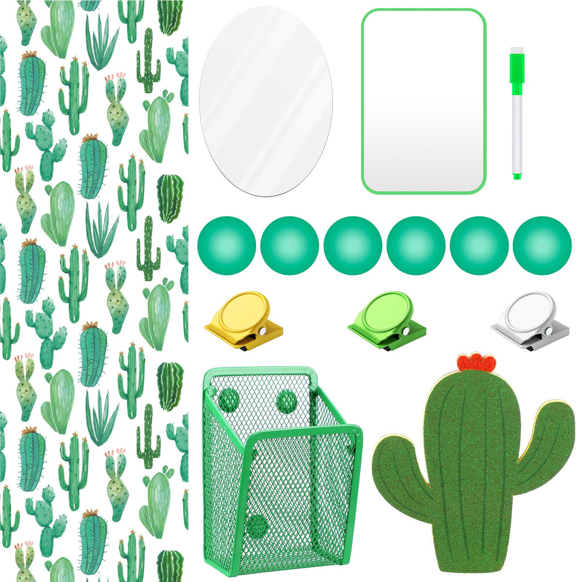 Harloon 15 Pcs Locker Decoration and Organizer Kit Locker Wallpaper Magnetic Pen Holder and Mirror Whiteboard Marker Cork Board with 3 Push Pins 3 Magnetic Clip 6 Magnets(Cactus)