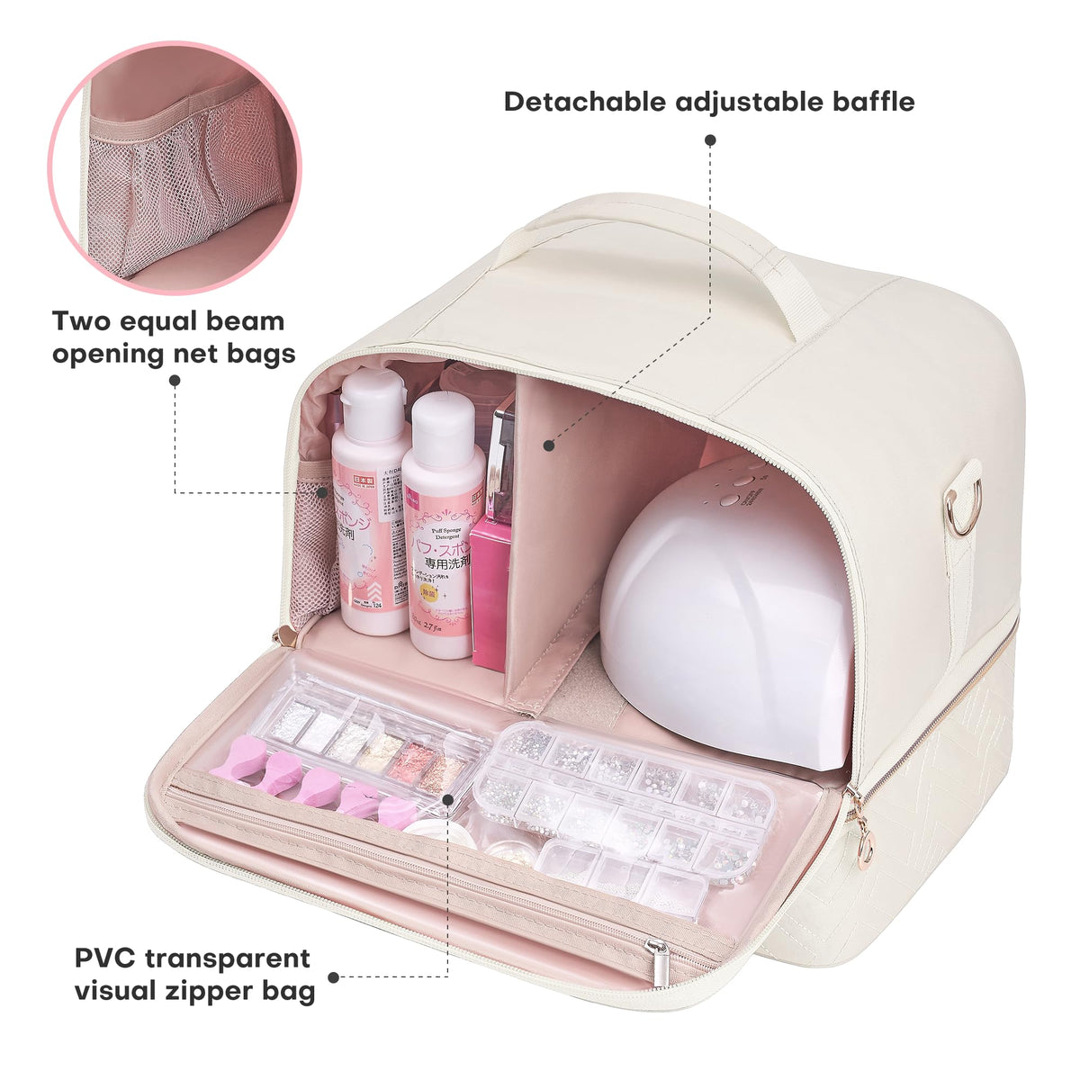 Leudes Nail Polish Organizer and Storage Holder 42 Bottles&Manicure Kit &Nail Lamp,Nail Stuff Bag Organizer Travel Case for Nail Tech Supplies Accessories Manicure Tools (Beige)