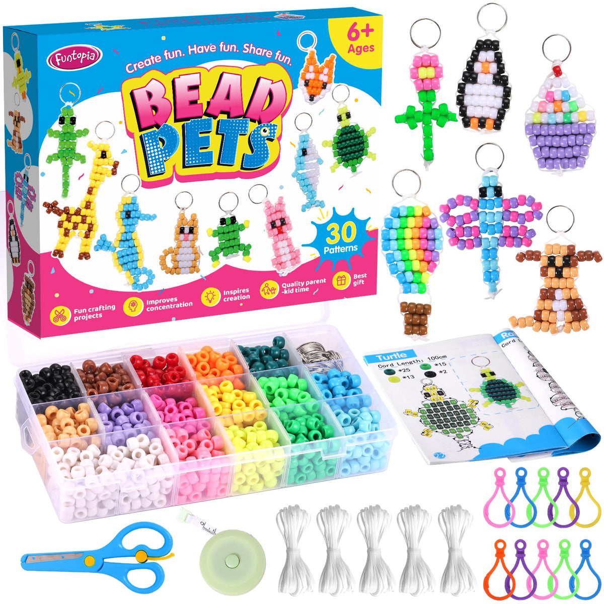Funtopia Beads for Crafts, Pony Beads Keychain Making Kit, Bead Pets Art Crafts for Kids Beginners, Birthday Party DIY Craft for Girls Boys (1500 Bead, 30 Designs)