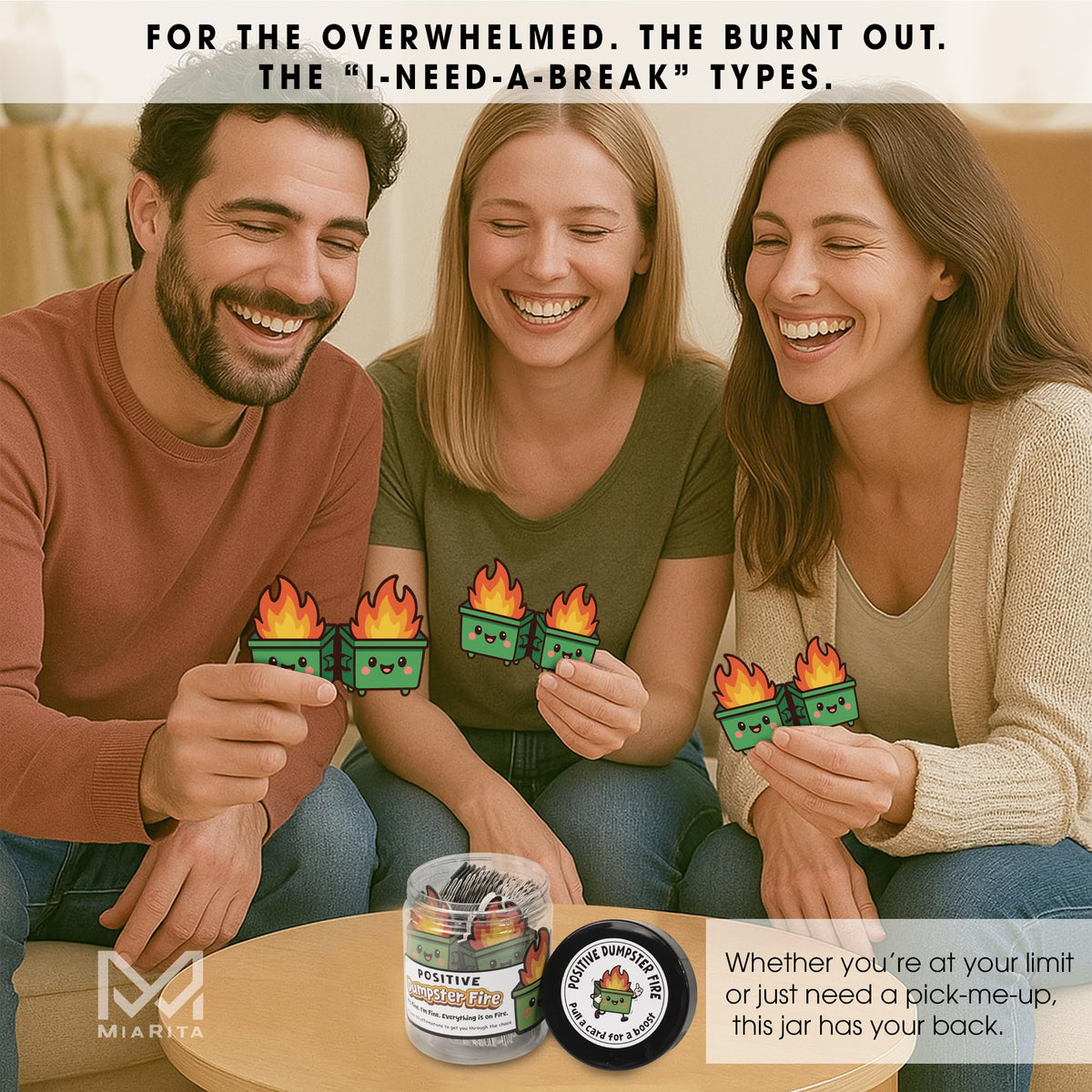 Positive Dumpster Fire Jar, Emotional Supports 60 Affirmation Cards for Women, Dumpster Fire Desk Accessories, Dumpster Fire Zen Garden, Coworker Gifts for Women, Social Worker Appreciation Gifts