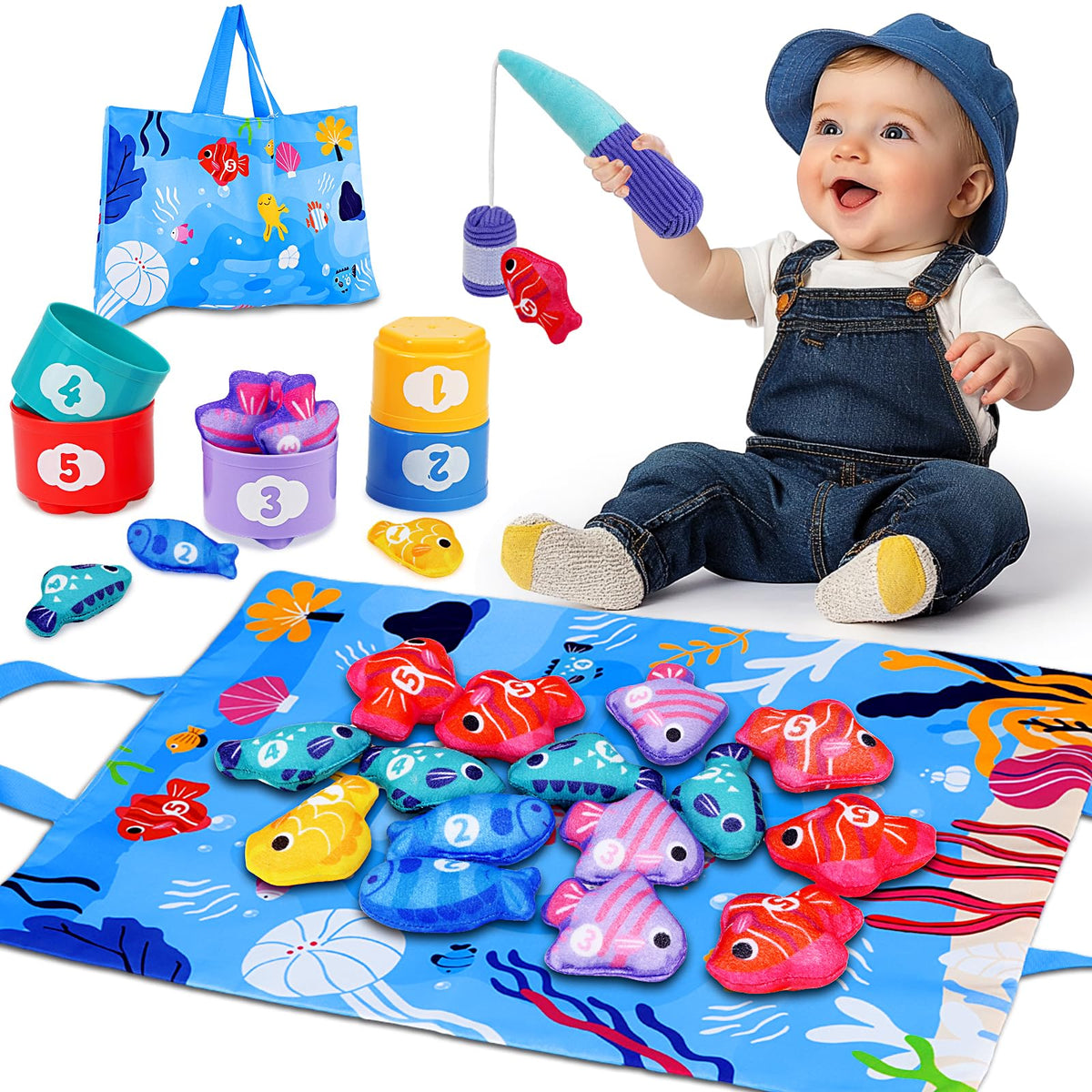 Arovan Montessori Toys for 1 Year Old - Cloth Fishing Game with Stacking Cups Toddler Toys for One Year Old Boy Girl First Birthday Gift - Sorting Learning Baby Toy 12-18 Months 1 2 Year Old