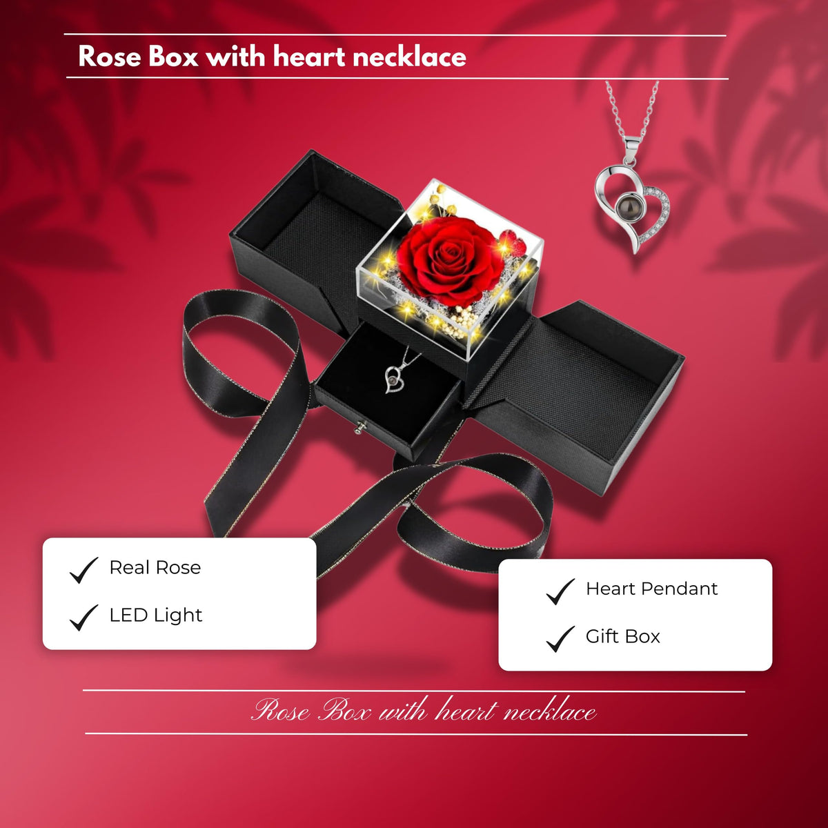 Preserved Real Rose with Heart I Love You Necklaces for Women in 100 Languages - Eternal Red Flowers Gifts for her Romantic Gift Set for Girlfriend Birthday Anniversary on Valentines Mothers Day