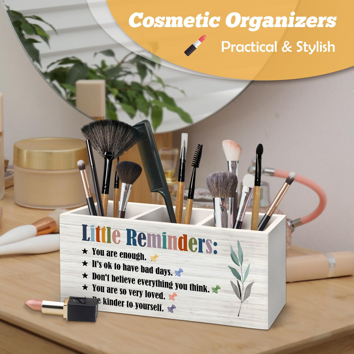 Yjeslw Little Reminders Inspirational Pen Holder Organizer for Desk Accessories, Positive Gifts, Mental Health Motivational Wooden Box Sign Desk Decorations for Home Bedroom Office Decor