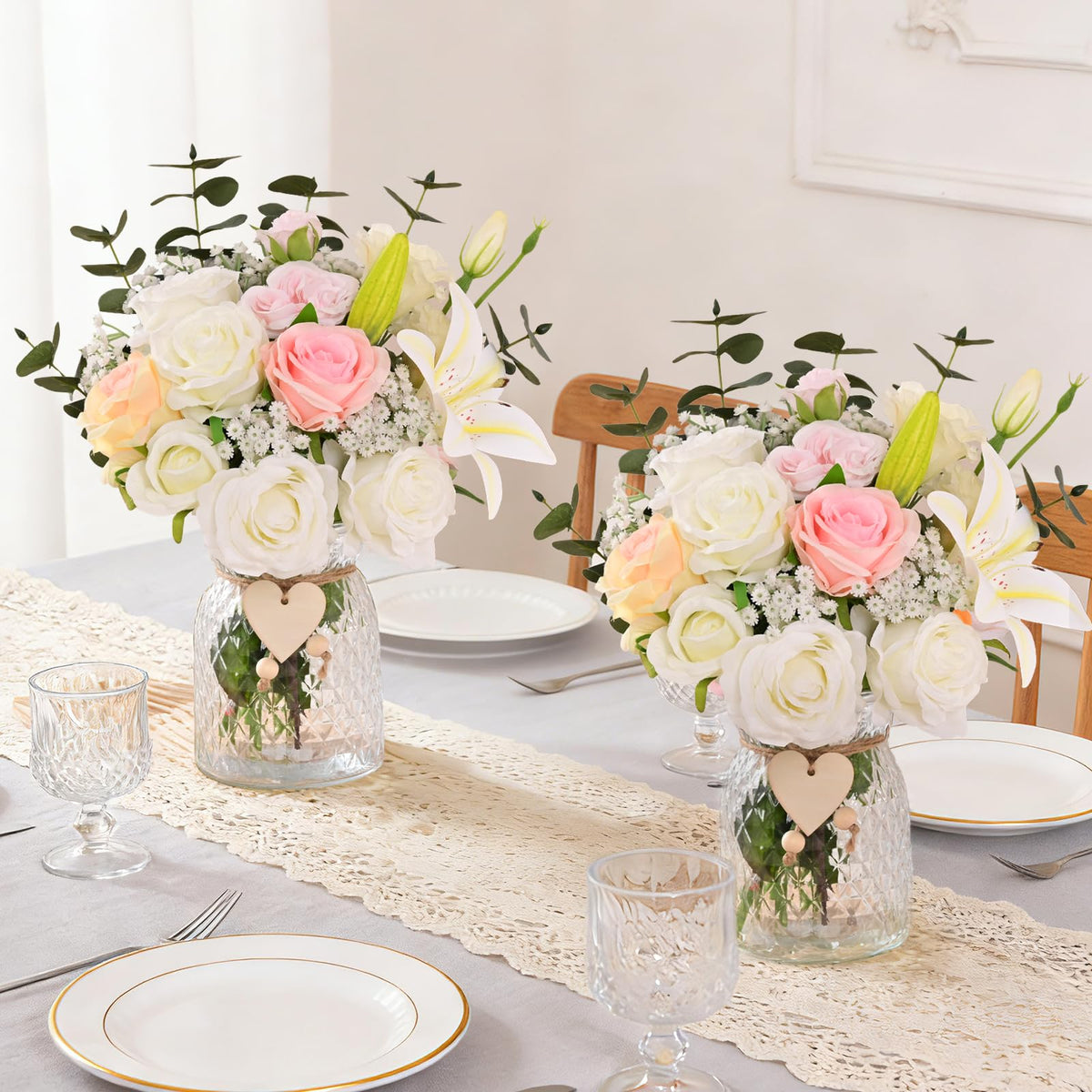 Livole 22Pcs Fake Flowers with Vase Silk White Artificial Flowers in Vase with Light Fake Plant Eucalyptus Flower Arrangement for Table Centerpieces Decor for Living Room Coffee Home Farmhouse