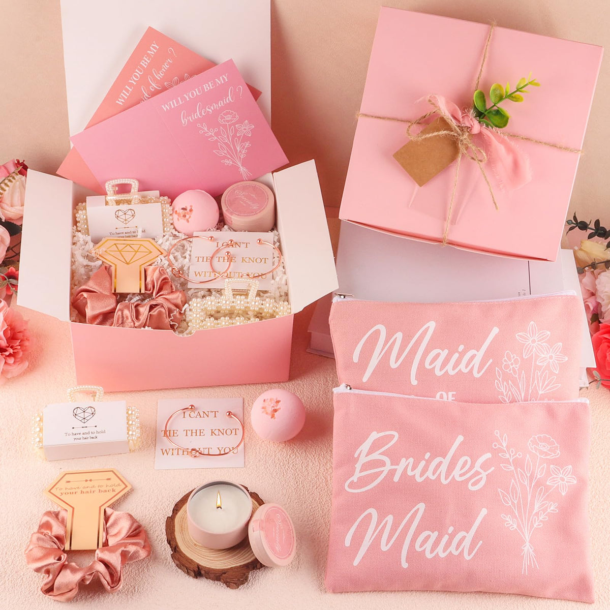 73pcs Bridesmaid Gifts Set Of 6 Pink，Maid of Honor Proposal Box Gift,Scented Candle Salt Ball Makeup Bag Rectangular Hair Clip Bridesmaids Scrunchies Knot Bracelet Bridal Shower Wedding Party