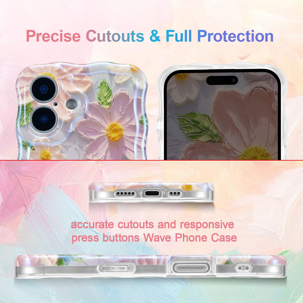 UEEBAI Flower Case for iPhone 17 Case, Colorful Retro Oil Painting Girly Phone Cover Pretty Glossy Pattern Wave Cover Cute Sparkly Floral Curly Shell for Women and Girl, Pink Purple