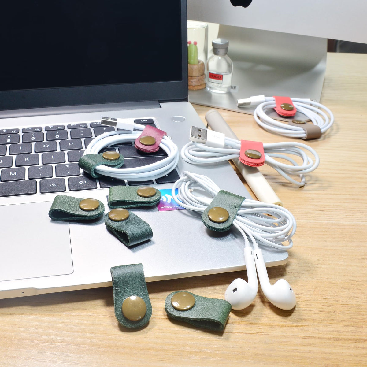 CAILLU Cord Organizer,Cord Keeper,Cable Organizer USB Holder,Cable Management,Cable Straps,Earbud case,wrap Headset Winder,Phone Earphone Clips Ties (Dark green Cord Organizer)