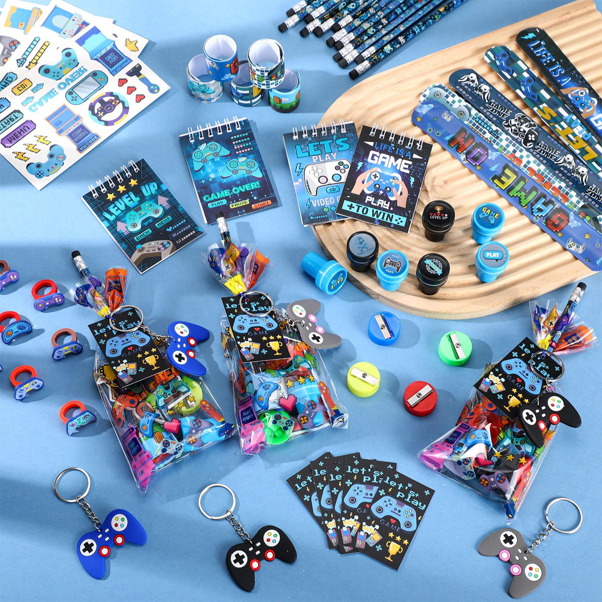 Sayglossy 251 Pcs Cool Video Game Party Favors Set Includes Gift Bags Pencils Notebook Sharpener Slap Bracelets Rings Keychains Tattoo Gaming Stickers Stamper Gamer Party Favors Birthday