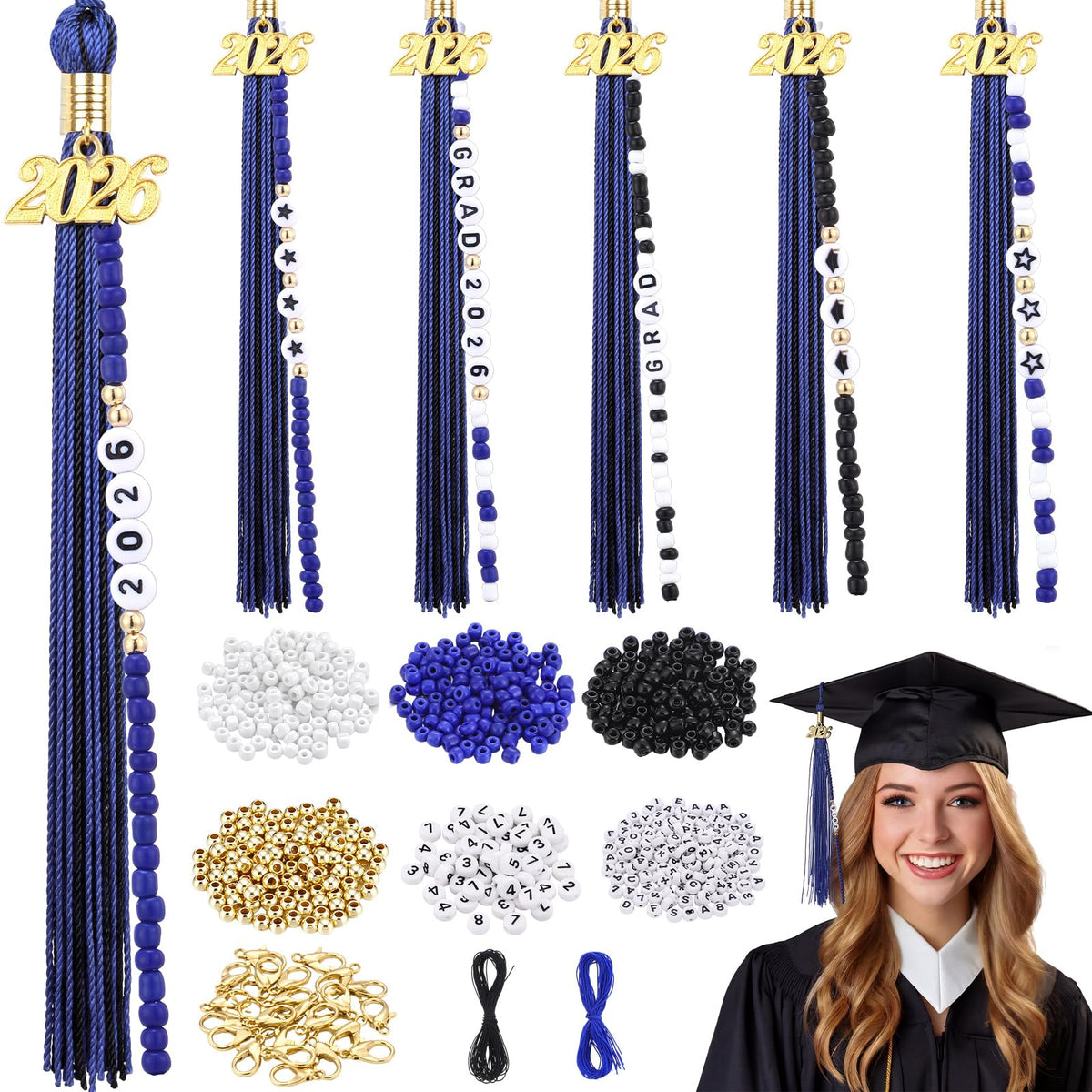 Kenning 10 Pack 2026 Graduation Tassels Royal Blue Graduation Cap Tassels with DIY Friendship Beaded Bracelets Kit, Grad Tassel Charms Gifts for High School College Phd Grad Ceremony