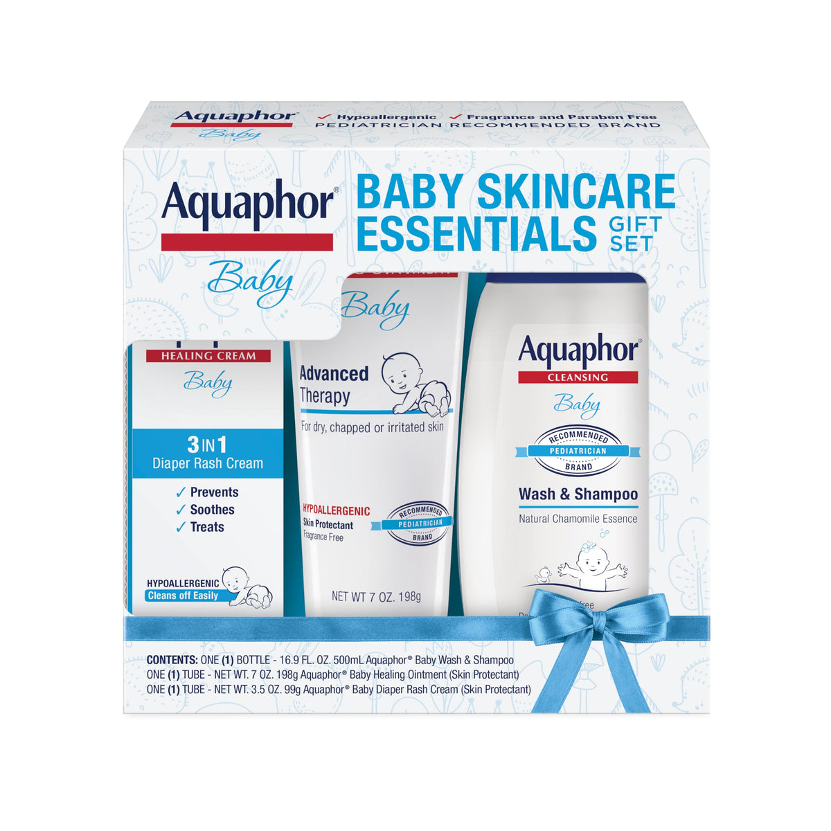 Aquaphor Baby Skin Care Essentials Gift Set with Baby Wash and Shampoo (16.9 Fl Oz) + Healing Ointment for Chapped Skin and Drool Rash (7Oz) + Diaper Rash Cream (3.5Oz), Hypoallergenic