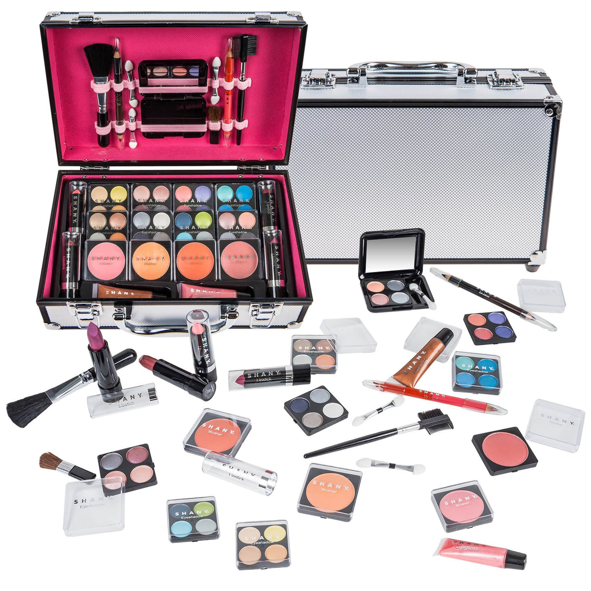 SHANY Carry All Make up Train Case with Pro Makeup Set, Beauty Brushes, Lipsticks, Eye Shadows, Blushes, Powders, and more - Reusable Cosmetics Storage Organizer - Premium Gift Packaging - Silver