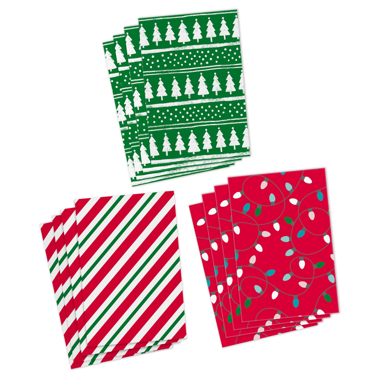Hallmark Medium Christmas Gift Boxes with Lids (12 Shirt Boxes, 3 Designs: Lights, Trees, Red and Green Stripes) for Christmas, Holiday Parties, Hostess Gifts