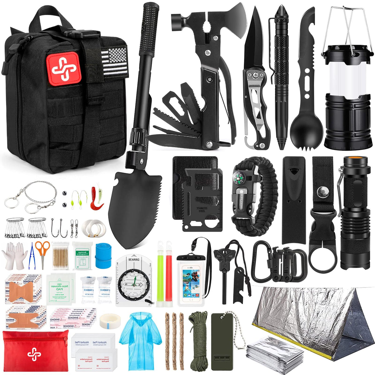 Survival Kit, 250Pcs Survival Gear First Aid Kit with Molle System Compatible Bag and Emergency Tent, Emergency Kit for Earthquake, Outdoor Adventure, Hiking, Hunting, Gifts for Men Women