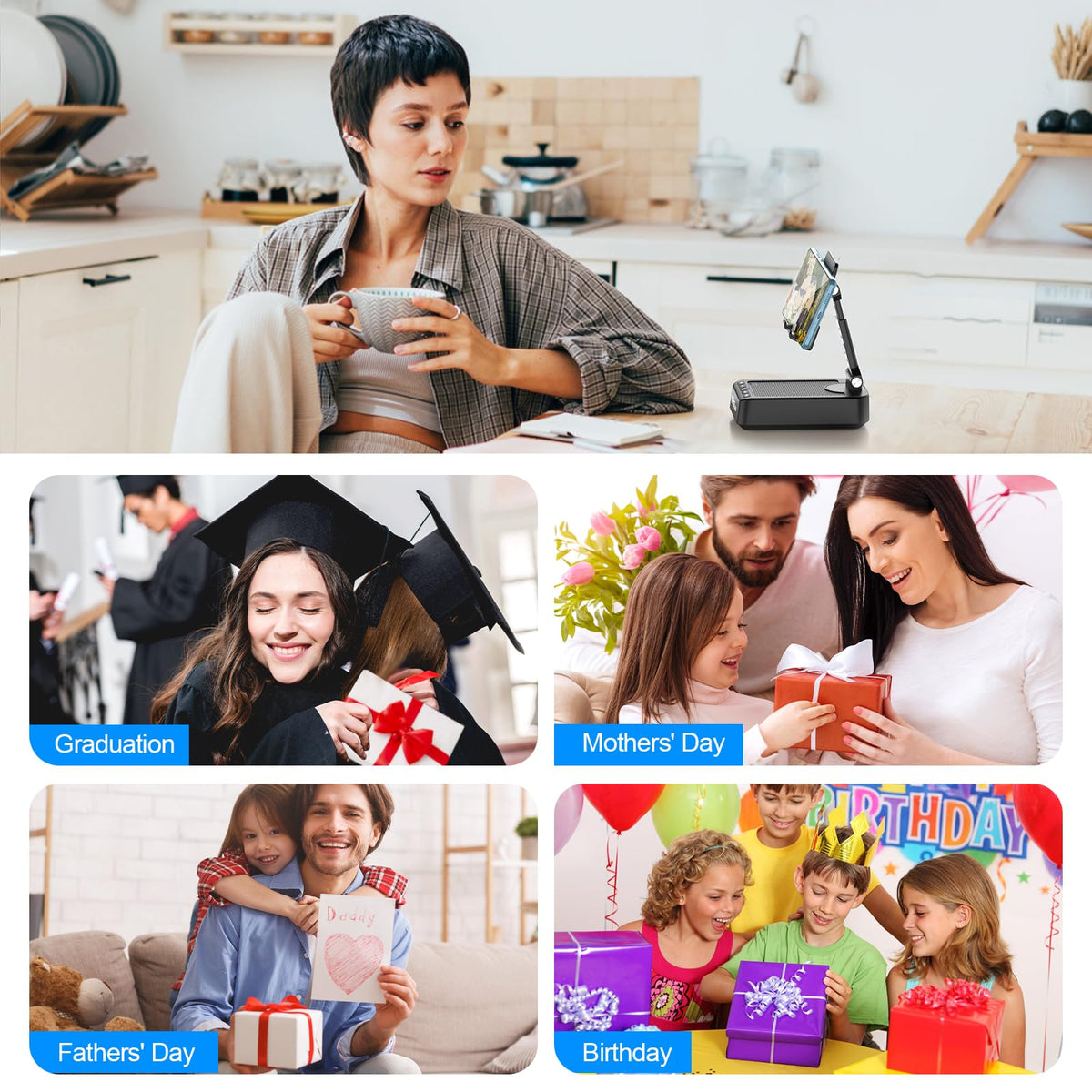 TechGlow Foldable Cellphone Stand with Bluetooth Speaker Charging Function 360° Rotatable Phone Stand Birthday Gifts for Men Women Mother Father Cool Tech Gadgets