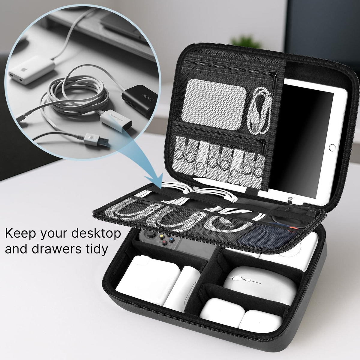Comecase Electronics Organizer Travel Case for MacBook Pro/Air Power Adapter, Double Layer Tech Bag with 5 Dividers for iPad Mini/Air (up to 11"), Cables, Magic Mouse, Power Bank & SSD - Black