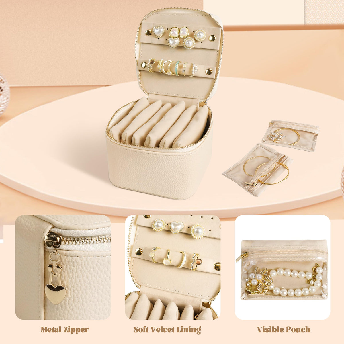 WATANIYA HOME Travel Jewelry Case, Small Travel Jewelry Box with 6 Velvet Jewelry Bag Mini Pouch, Portable Travel Jewelry Organizer for Rings Earrings Necklaces, Beauty Gifts for Women Girls (Beige)
