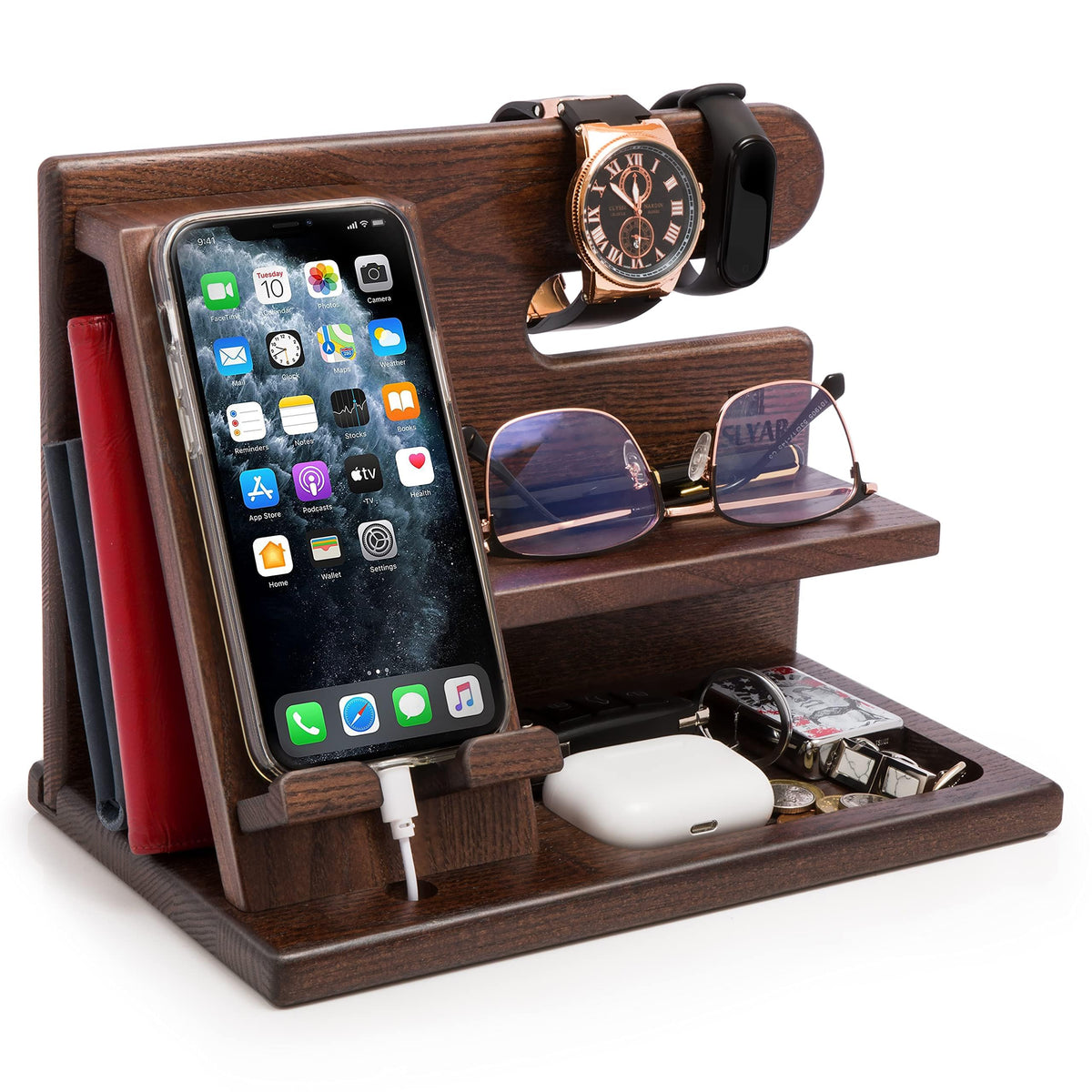 TESLYAR Wood Phone Docking Station for Men - Desktop or Nightstand Organizer - Birthday Gifts for Men, Dad - Anniversary Idea from Wife - Key Holder, Stand Wallet, Watch & Essentials (Bourbon Brown)