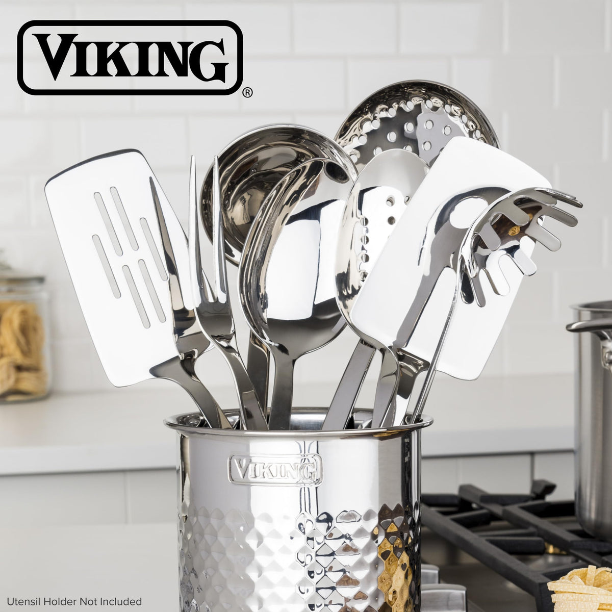 Viking Kitchen Utensils Set, 8 Piece Stainless Steel Cooking Utensil Set, Includes Spatulas, Spoons, Pasta Fork, Deep Ladle, Meat Fork, and Skimmer, Silver