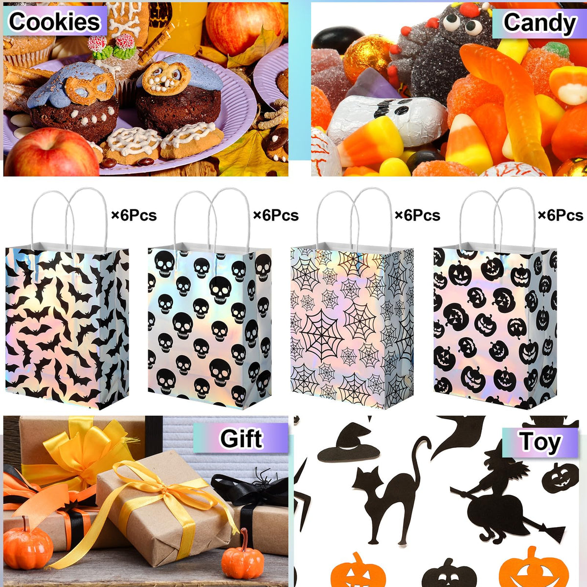 Paterr 24 Pcs Iridescent Halloween Paper Bags Holographic Bat Pumkin Skeletons Pumpkins Spider Webs Trick or Treat Reusable Gift Bags for Halloween Party Supplies Favors(Classic Patterns)